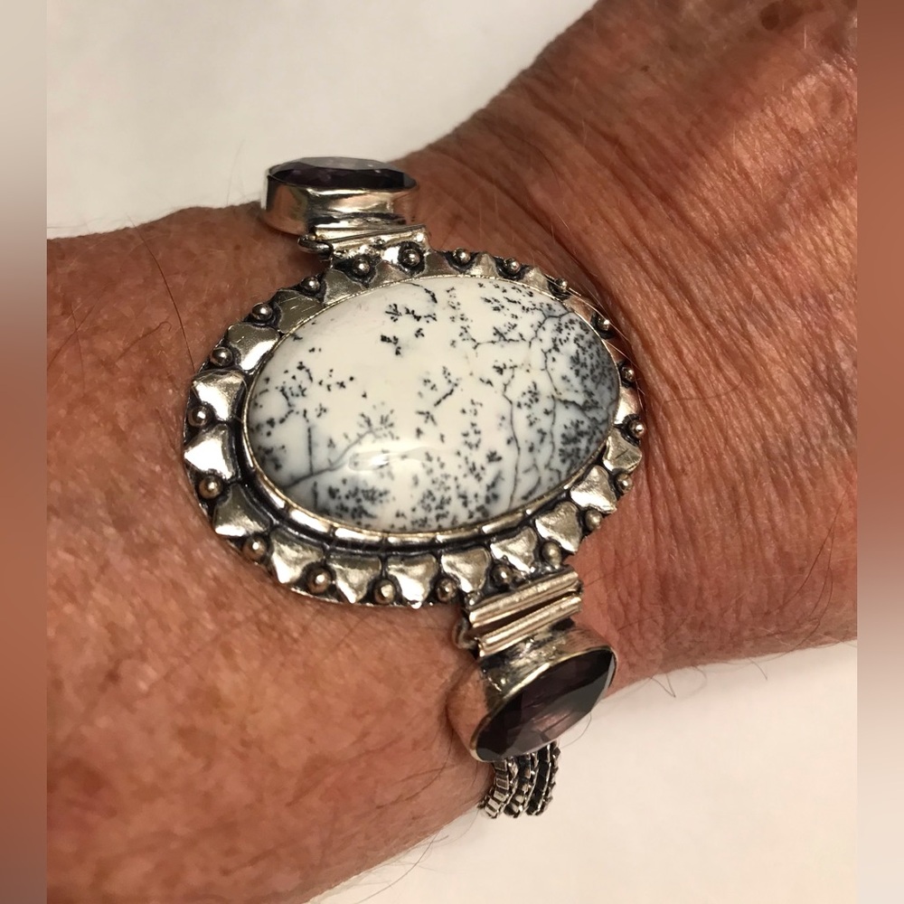 Dendritic Opal Blue Topaz Stamped 925 Sterling Silver Bracelet